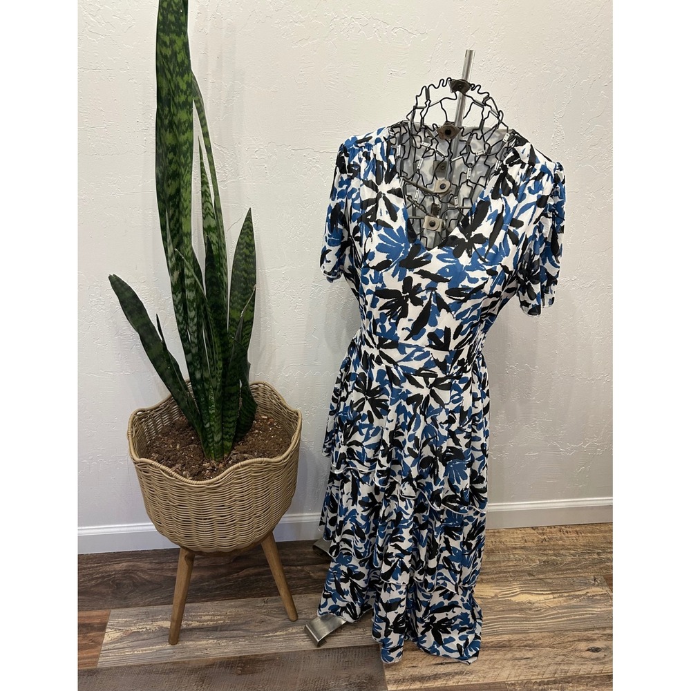 Ember Womens Blue Black Floral Tiered Smocked‎ Waist Midi Dress Size S
